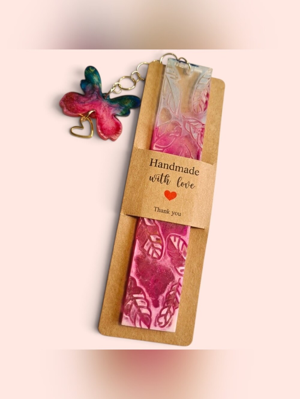 Pink Botanical Floral Resin Bookmark w/ Butterfly & Heart Dangle - Picture 2 of 4